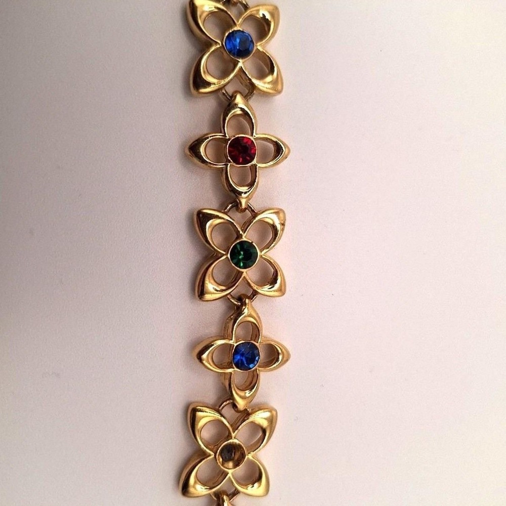 Vintage open flower bracelet rhinestones red green blue gold tone high polished
